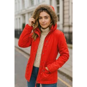 Anthro Daughters of the Liberation Fur Hood Full Zip Utility Parka Red XS Winter